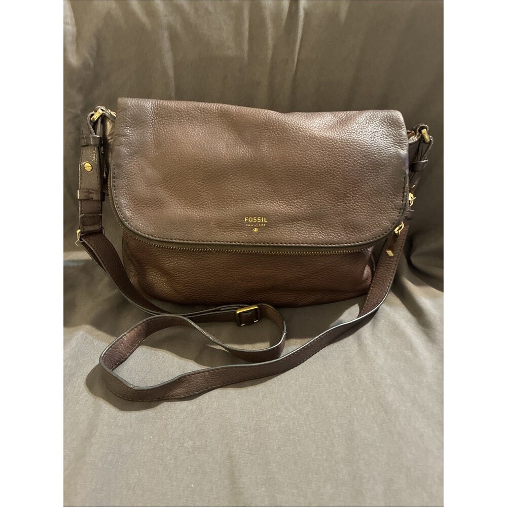 FOSSIL Preston Brown Leather Pocket Flap Expandable Crossbody Purse Bag Gold